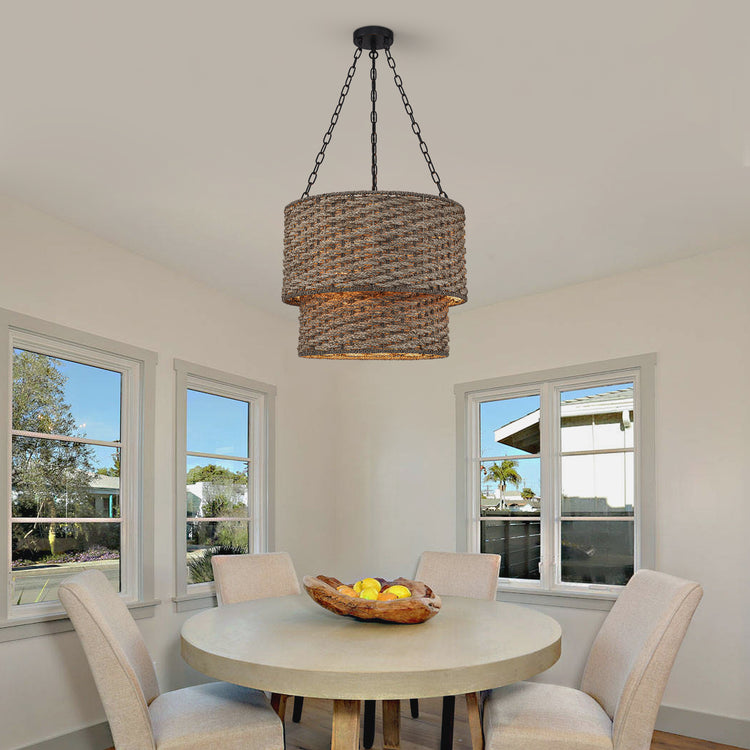 Tierra 4-Light Matte Black 2-Tiered Rattan Chandelier