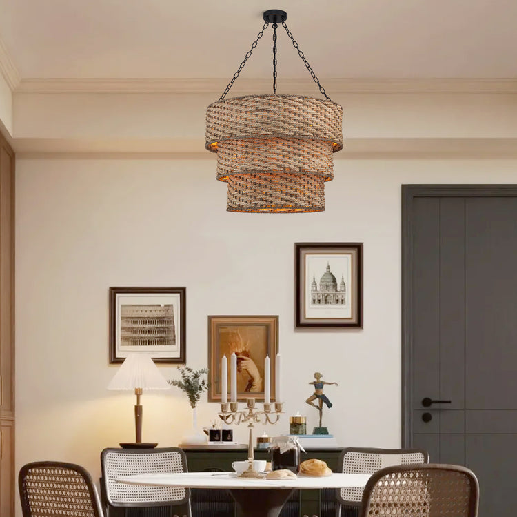 Tierra 5-Light Matte Black 3-Tiered Rattan Chandelier