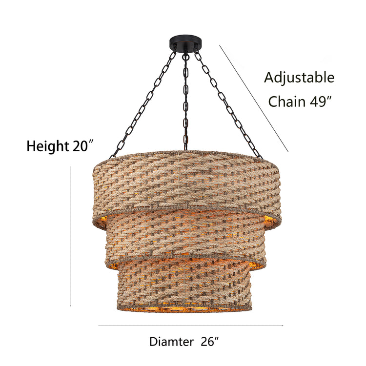 Tierra 5-Light Matte Black 3-Tiered Rattan Chandelier