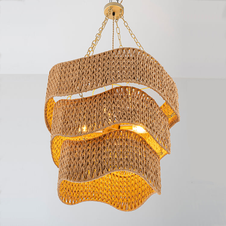 Mira 5-Light 3 Tiers Handwoven Coastal Chandelier in Brass Braided Woven Shade