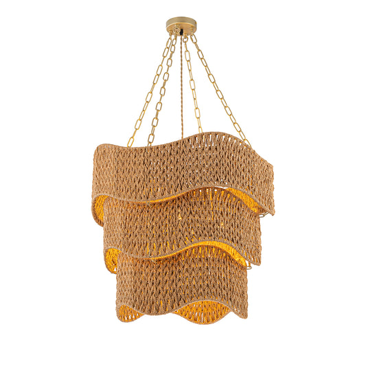 Mira 5-Light 3 Tiers Handwoven Coastal Chandelier in Brass Braided Woven Shade