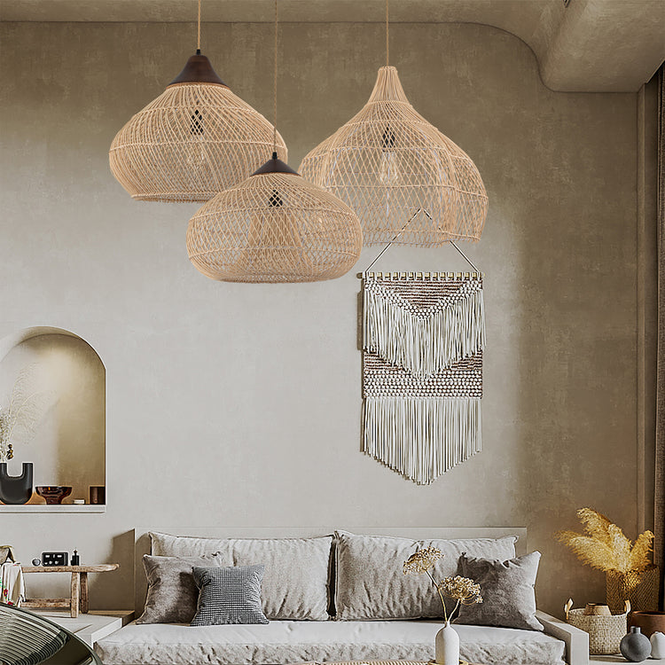 Zula Coastal Large Rattan Pendant Light in Brass Rustic Wood Accent Ceiling Light