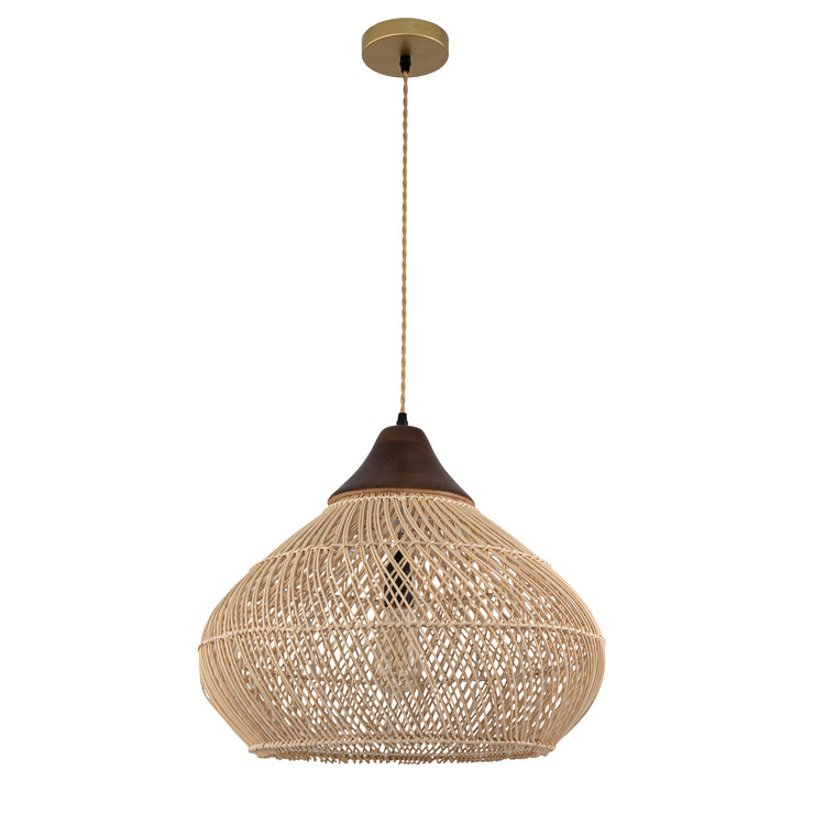 Zula Coastal Large Rattan Pendant Light in Brass Rustic Wood Accent Ceiling Light