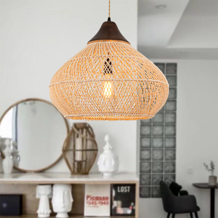 Zula Coastal Large Rattan Pendant Light in Brass Rustic Wood Accent Ceiling Light