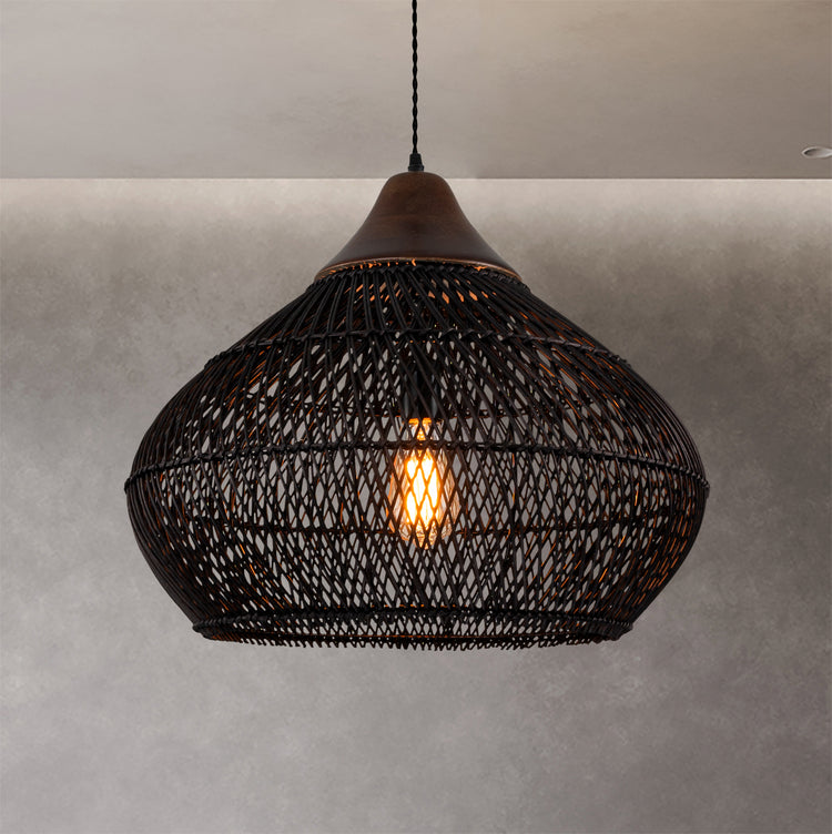 Zula Coastal Large Rattan Pendant Light Matte Black Rustic Wood Accent Ceiling Light