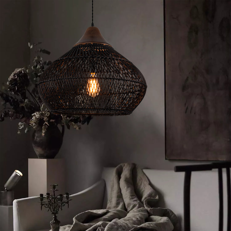 Zula Coastal Large Rattan Pendant Light Matte Black Rustic Wood Accent Ceiling Light