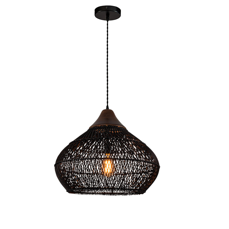 Zula Coastal Large Rattan Pendant Light Matte Black Rustic Wood Accent Ceiling Light