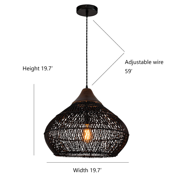 Zula Coastal Large Rattan Pendant Light Matte Black Rustic Wood Accent Ceiling Light