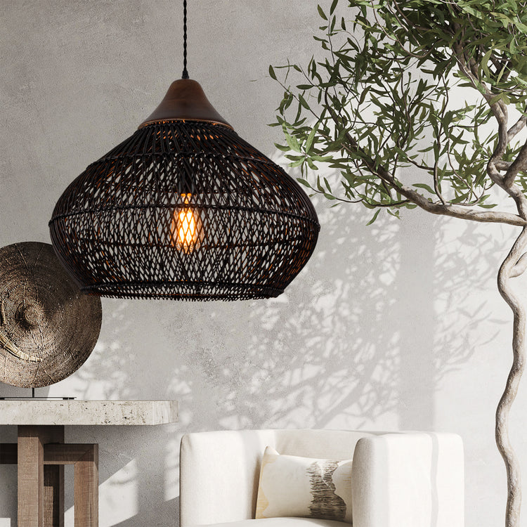 Zula Coastal Large Rattan Pendant Light Matte Black Rustic Wood Accent Ceiling Light