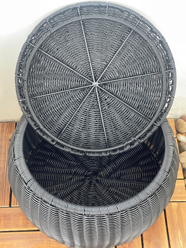 ELE LIGHT & DECOR Outdoor /Indoor Black Pouf Wicker Footstool Storage Seat With Lid