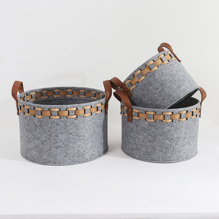 Modern Storage Basket With Faux Leather Handles Set of 3