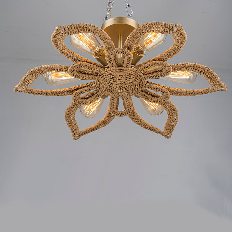 Daisy 6-Light Natural Rattan Coastal Semi-Flush Mount Chandelier