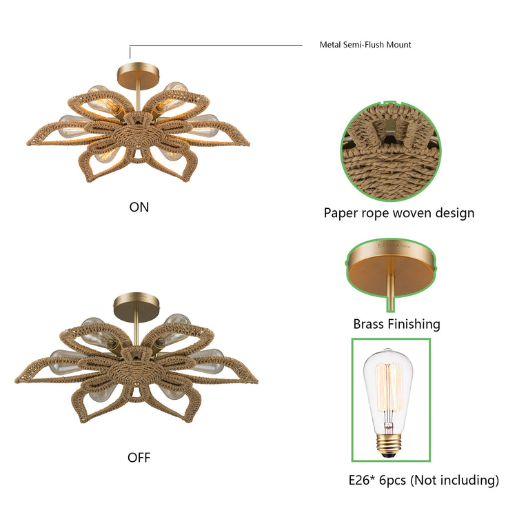 Daisy 6-Light Natural Rattan Coastal Semi-Flush Mount Chandelier