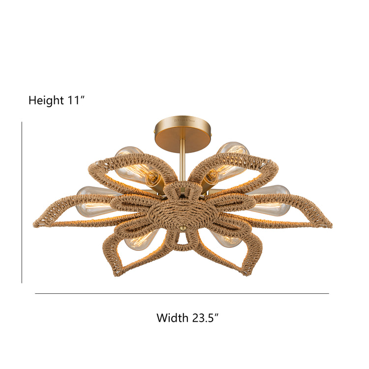 Daisy 6-Light Natural Rattan Coastal Semi-Flush Mount Chandelier