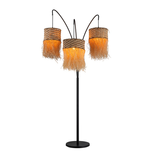 Amber 3-Light 72" Rattan Raffia Arc Floor Lamp in Matte Black