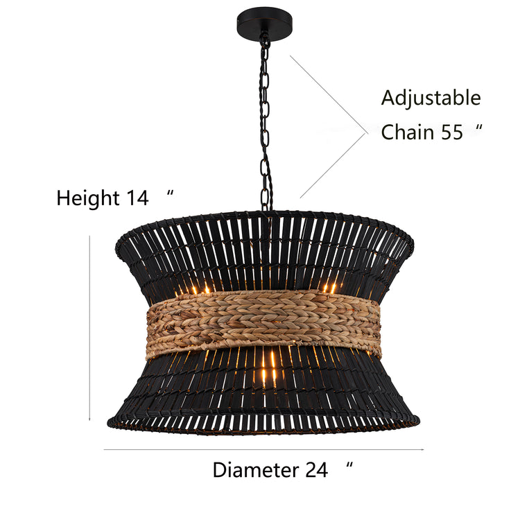 Umber 4-Light Black Rattan Coastal Nautical Chandelier