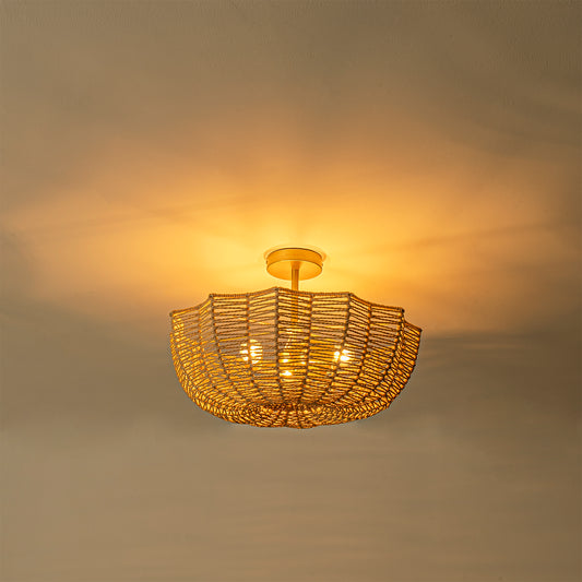 Marigold 3-Light 21 in. Wide Woven Semi Flush Mount Modern Scalloped Ceiling Light in Brass