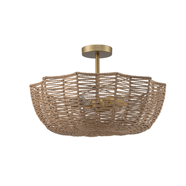 Marigold 3-Light 21 in. Wide Woven Semi Flush Mount Modern Scalloped Ceiling Light in Brass