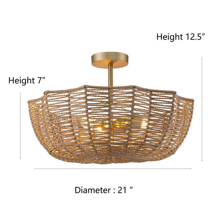 Marigold 3-Light 21 in. Wide Woven Semi Flush Mount Modern Scalloped Ceiling Light in Brass