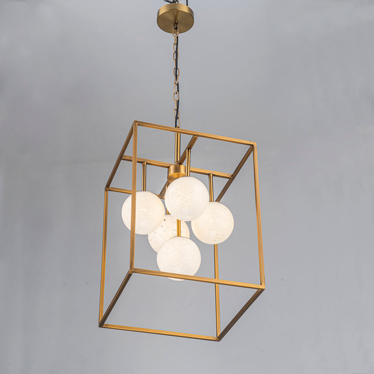 Diana 5-Light Contemporary Foyer Hall Lantern Chandelier Art Deco Marbleized Glass Shades in Brass, Bulbs Included