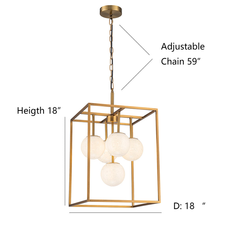 Diana 5-Light Contemporary Foyer Hall Lantern Chandelier Art Deco Marbleized Glass Shades in Brass, Bulbs Included