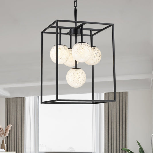 Diana 5-Light Contemporary Foyer Hall Lantern Chandelier Art Deco Marbleized  Glass Shades in Matte Black, Bulbs Included