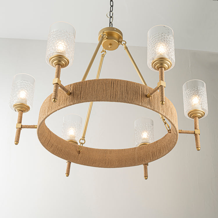 Aleena 6-Light Gold Farmhouse Woven Rattan Wagon Wheel Chandelier for Living Room