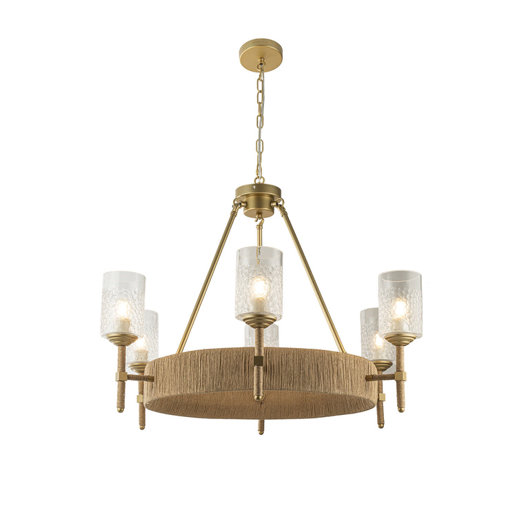 Aleena 6-Light Gold Farmhouse Woven Rattan Wagon Wheel Chandelier for Living Room