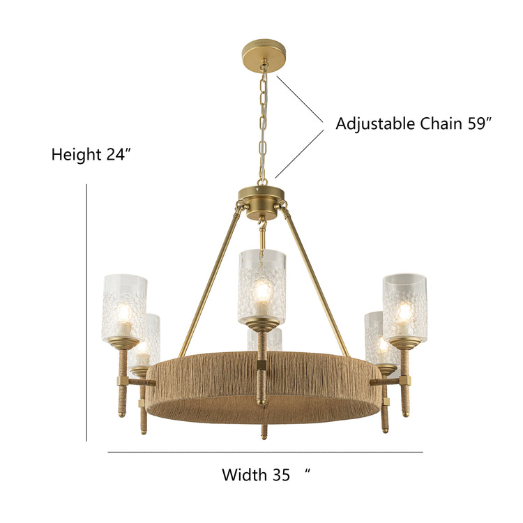 Aleena 6-Light Gold Farmhouse Woven Rattan Wagon Wheel Chandelier for Living Room