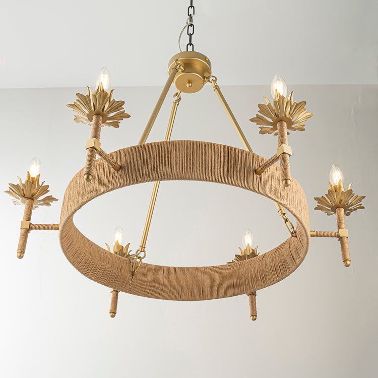 Aleena 6-Light Gold Farmhouse Woven Wagon Wheel Chandelier