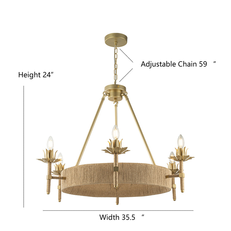 Aleena 6-Light Gold Farmhouse Woven Wagon Wheel Chandelier